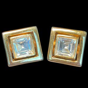 PIERRE CARDIN Square CZ Crystal Earrings Gold Tone ClipOn Heavy Chunky Statement